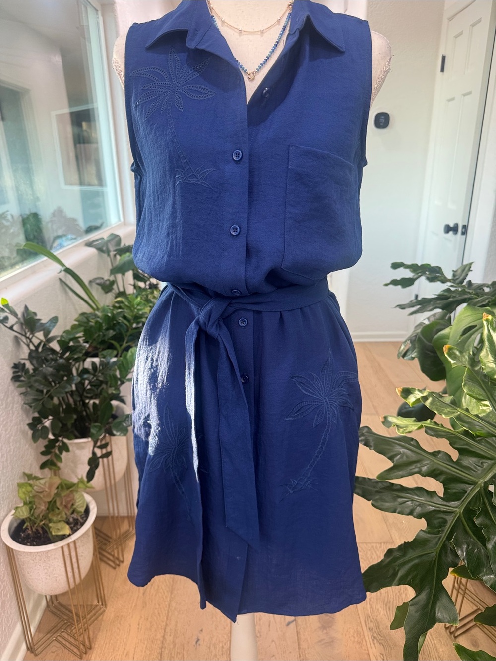 Calypso St. Barth Sleeveless Button-Down Dress in Deep Blue XS Side Pockets